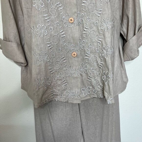 Vicki Waynes Linen Blend Tan Embroidered Button Top Pull On Pant Set Women 20 - Picture 4 of 16